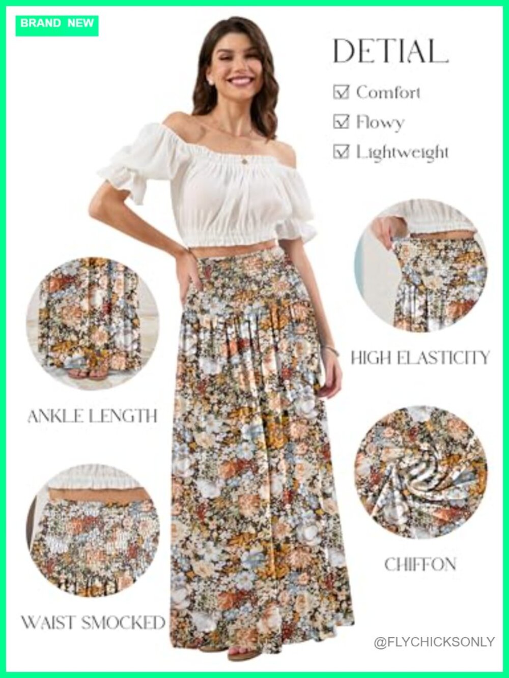 Women's Maxi Skirt Smocked High Waist Boho Flowy Long Skirt - Picture 4 of 6